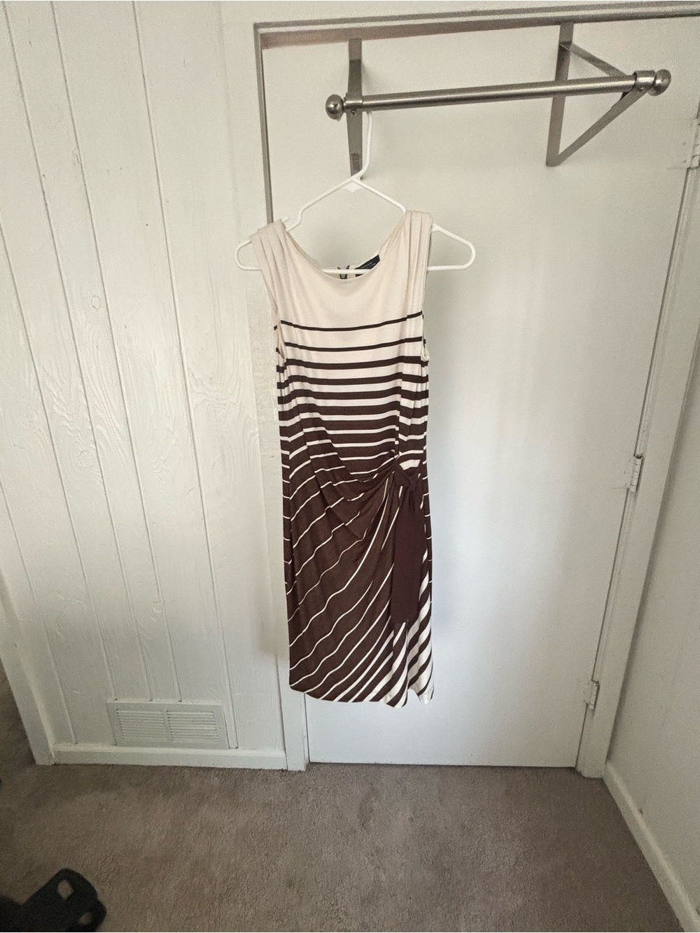 Tahari Brown and Cream Striped Knot-Detail Midi Dress